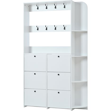 120 x 24 x 200 cm, porte-manteaux pour entrée, meuble à chaussures multifonction 3 en 1 avec porte abattante, 8 crochets, garde-robe compacte, armoire de salon avec 5 étagères, blanc (1/5)