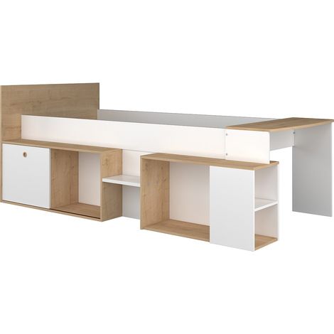 Lit combiné 90 x 200 cm avec bureau et rangements - Blanc et naturel + Sommier + Matelas - PALOMA (1/2)