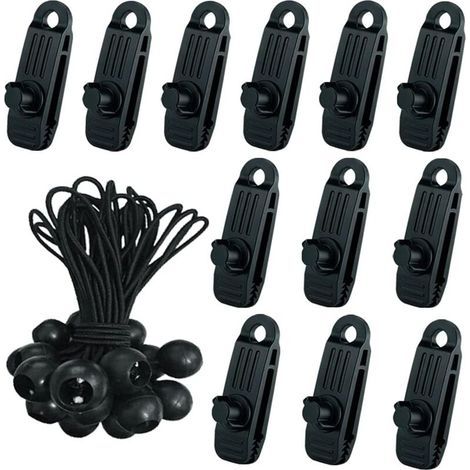 24 Pcs Clip de Tente Bâche avec 12x Pince pour bache et 12x Tendeur Corde Elastique, Pince a oeillet pour bache Camping Accessoires pour Tentes, bache Piscine, Bâches, Auvents, Gazebos Tente- (1/5)