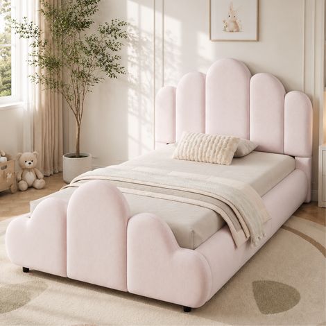 REDOM Kinderbett 216x106x89 cm, mit wolkenförmigem Fußteil, rundum gepolstert, inklusive Lattenrost, Samt, rosa (1/5)