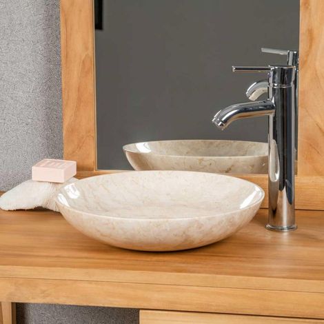 Wanda Collection – Vasque à poser en marbre crème 35 cm – Design original avec courbes – Compatible robinetterie européenne – Pour salle de bain moderne (1/5)