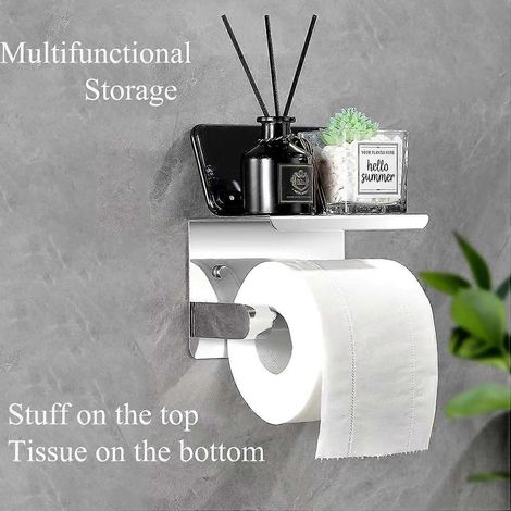 Porte-papier toilette avec support pour téléphone intégré, en acier inoxydable, fixation murale, finition chromée polie, adapté au rangement des rouleaux de papier toilette. (1/4)