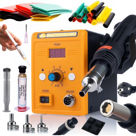 Stazione Saldante Hot-Air 858D – Potenza 700W, Regolazione Temperatura 100-500°C Set 3 Ugelli, Tubo Termoretraibile 328 Pezzi, Flux RMA-223