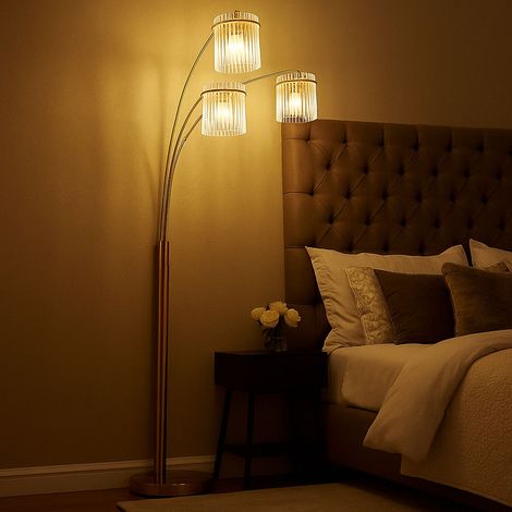 Lampadaire LED Lampadaire doré Lampe de salon à 3 flammes Lampe d'appoint, tiges en verre opalin, 3x E27 LED blanc chaud, LxlxH 100 x 180 x 160 cm