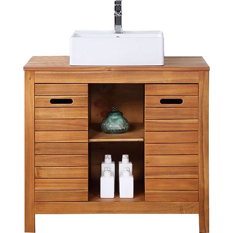 Vente-Unique – Meuble sous vasque en acacia 90 cm – 2 portes battantes – 2 niches et étagère – Vasque à poser en céramique blanc – Montage au sol (1/5)