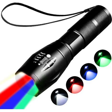 Lampe de poche rouge rechargeable, lampe poche verte, Lumières de poches bleue, lampe sang pour l'observation, 4 en 1 lumière blanche, rouge, bleue et verte, 4 modes. [Classe énergétique A]