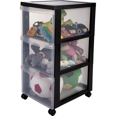 Tour de rangement à Roulettes en Plastique, 3 Grands Tiroirs, Noir, Ouverture Facile, Meuble de Rangement, Papeterie, pour Chambre, Salle de Bain, École (1/4)