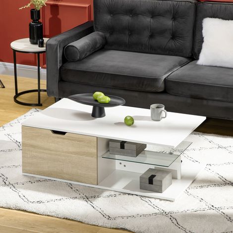 Moderner rechteckiger Couchtisch mit 2 Schubladen, 2 Ablagefächern, Ablagefläche aus gehärtetem Glas und weißen Paneelen in heller Eichenoptik