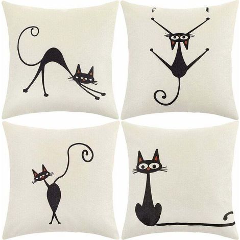 Housses de coussin 45x45cm, un ensemble de 4 housses de coussin décoratives, adaptées aux canapés et fauteuils (motif chat, matière coton et lin). (1/4)