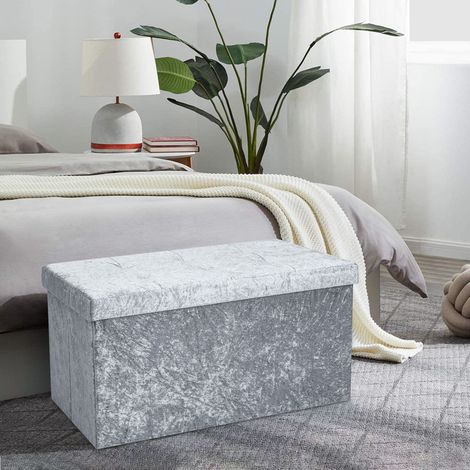 Velvet Ottoman Storage Box Large Foldable Ottoman Seat with Hidden Storage 2 Seater Footstool Bench for Bedroom & Living Room 76x38x38cm (1/4)
