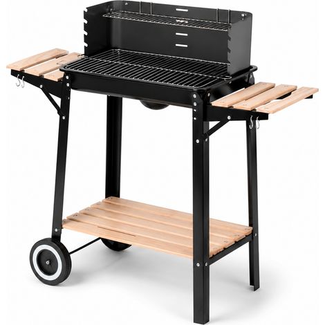 Barbecue A Carbone Con Griglia E Paravento Antivento Ripiani Laterali Legno Ganci Porta Utensili Ruote Trasporto Facile Ideale Giardino Campeggio 94 x 40 x 84 Cm Nero