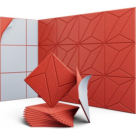 Lot de 12 panneaux acoustiques auto-adhésifs, rembourrage insonorisant en polyester, panneaux muraux insonorisants haute densité, 30 x 30 x 1cm, rouge (1/5)