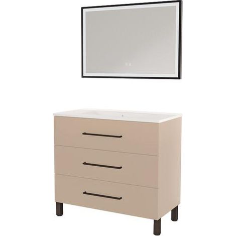 ONDEE ZEN - Meuble à poser MONACO - Dim 90cm - Satin - Mir SELENA - Poignées noires (1/3)