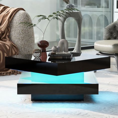 Table basse carrée noire laquée brillante avec plateau pivotant - Style techno moderne avec 16 LED, 70 x 70 x 36 cm, rotation à 360° (1/5)