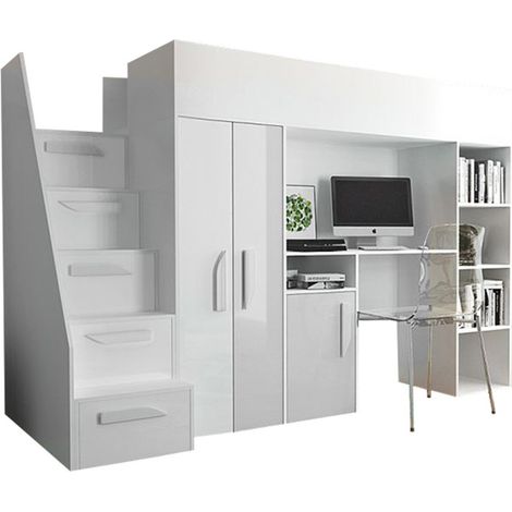 Litera Hartford 192, Blanco + Blanco brillante, Individuales, 90x200, Aglomerado laminado, Somieres, 120x247x166cm