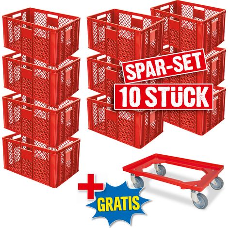 BRB Lot économique de 10 bacs empilables et roulettes de transport, 600 x 400 x 320 mm, qualité industrielle, convient à un usage alimentaire, rouge (1/2)