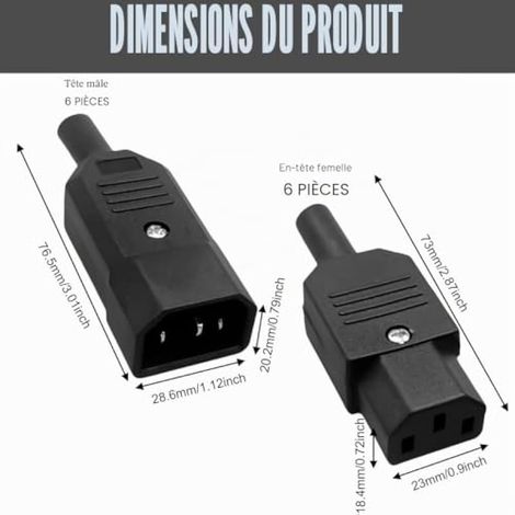 Lot de 6 paires IEC 320 C14 male vers C13 femelle - Connecteur d'alimentation AC 250 V - Pour appareils à froid - Rallonge d'alimentation d'ordinateur (noir) (1/4)