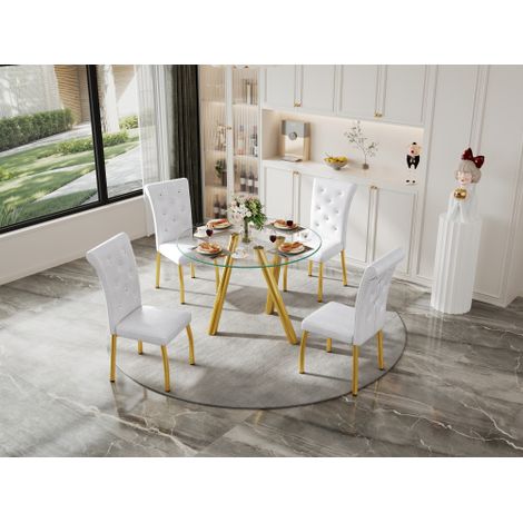 Ensemble de salle à manger 5 pièces pour 4 personnes, table ronde moderne en verre trempé avec pieds en métal doré et 4 chaises blanches rembourrées, mobilier pour cuisine et salle à manger