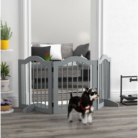 Klappbares Hundegitter 154,5 x 61 cm aus hellgrauem Holz mit Tür, platzsparend – MEUBLIV (1/5)