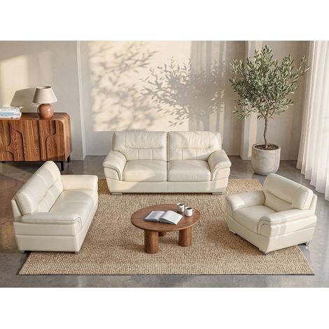 Vente-Unique – Canapé droit 3 places en cuir de vachette THIBAULT – Confort équilibré – Large accoudoirs – Couleur ivoire – Charge maximale 360 kg (1/5)