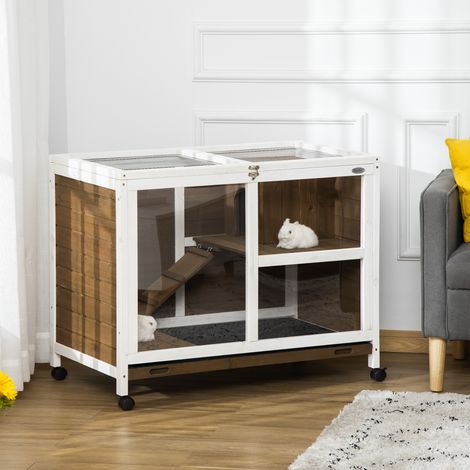 Marron - Clapier en bois pour lapins, cage à lapins avec plateau, rampe, toit ouvrible, roues, 91,5 x 53,3 x 73 cm