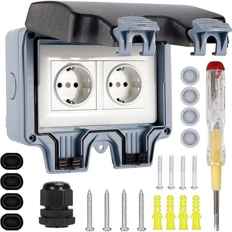 Waterproof External Socket - Outdoor Socket IP66 Garden Socket, 16A Double Surface-Mounted Outlet, Outdoor Socket with Screwdriver, Outdoor Wet Room Wall Socket (1/5)