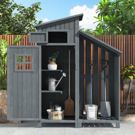 Abri de jardin bois massif 124x46x174 cm avec toit triangle, 2 portes et rangement pratique, gris (1/5)