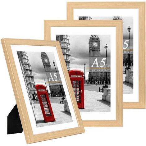 Lot de 3 cadres photo A5 21x14,8 cm bois naturel pour pose libre ou murale (1/3)