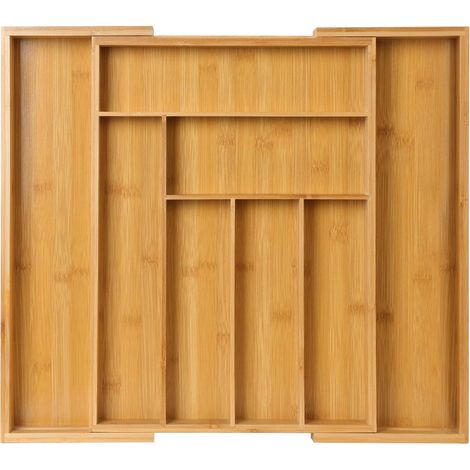 Boîte de rangement à tiroir réglable, porte-couverts couleur bois massif, range-couverts extensible en bambou (1/5)