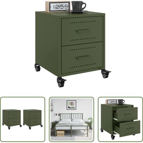 vidaXL Table de chevet vert olive - Tables de chevet 2 pcs vert olive 36x39x43,5 cm acier (1/5)