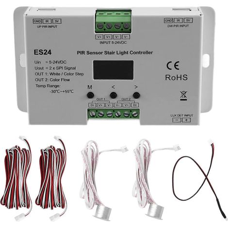 ES24 24-Kanal Treppenbeleuchtungssteuerung mit 5-24V DC PIR-Sensor, monochromem RGB-Pixel und SPI-Schnittstelle. (1/5)