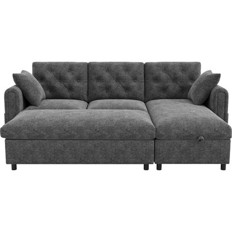 Sofá chaise longue reversible de terciopelo gris con almacenamiento y puff (1/5)