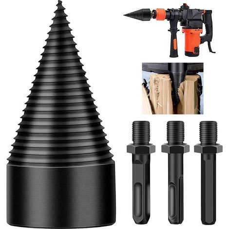 Holzspalter. 4 austauschbare Kegelbohrer für Anzündholz. Hochleistungsbohrer für elektrische Bohrmaschinen. 42-mm-Kegelschraubendreher (Sechskant, Vierkant und Rund). (1/5)