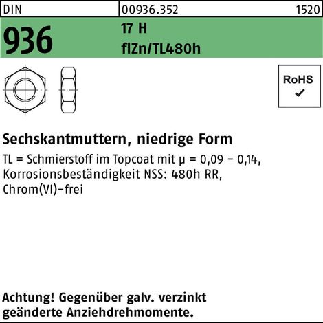 Sechskantmutter DIN 936 M 20 x 2,5 Stahl zinklamellenbeschichtet 50 Stk