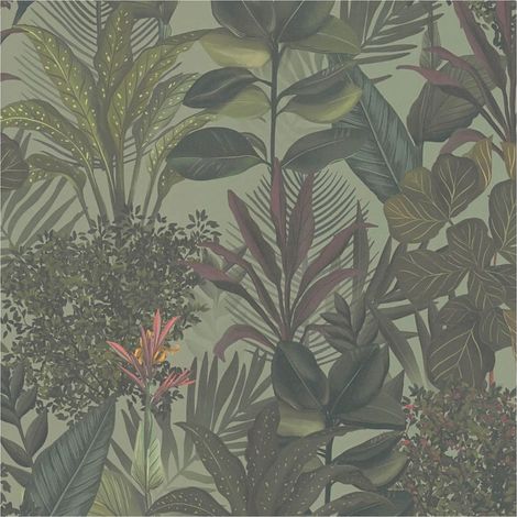 Flowers wallcovering wall Profhome 394331 hot embossed non-woven wallpaper slightly textured with jungle elements matt green claret violet olive brown 5.33 m2 (1/5)