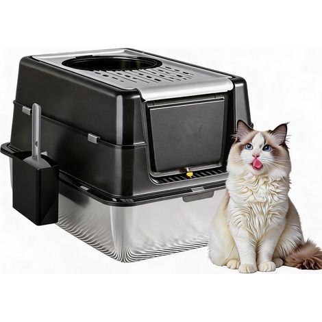 Litière XXL en acier inoxydable pour chat avec capot, tiroir et porte rabattable, parois latérales hautes, antirouille et antiadhésive, facile à nettoyer, gris, 60 x 40 x 43,5 cm (bac 20 cm (1/5)