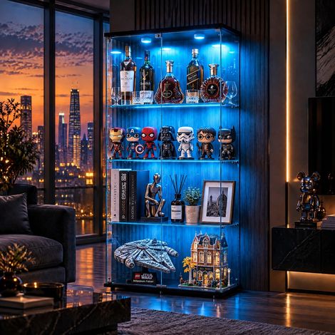 JOOKGBD - Vetrina in Vetro 164x80.5x36.5 cm con LED, Vetrina da Collezione, Armadio Vetrina per Collezione con 2 Ante e 4 Ripiani Trasparenti, Effetto Specchio, Mobile in Vetro, Nero (1/5)