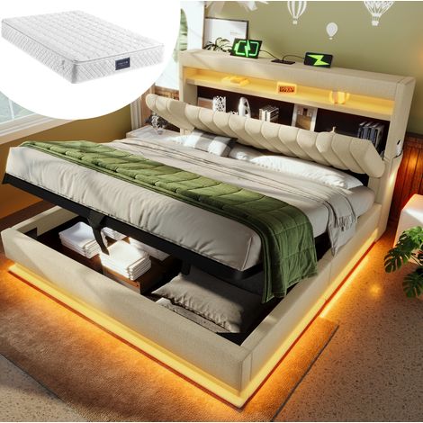 Letto contenitore matrimoniale 140x200 cm, con vano idraulico, USB, Type-C e LED, in tessuto beige, con materasso (1/5)