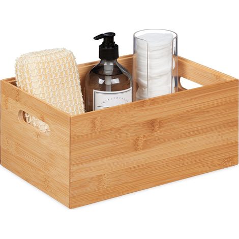 Relaxdays Aufbewahrungsbox Bambus, stapelbar, stabil, Bambuskiste ohne Deckel, HBT: 14 x 30 x 20 cm, mit Griffen, natur
