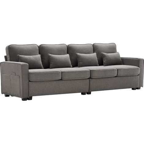 ELVMI Canapé 4 Places avec Poches d'Accoudoir, 4 Coussins Lombaires et Dossier Haut en Tissu de Lin Gris Foncé 264 × 83 × 87 cm (1/4)