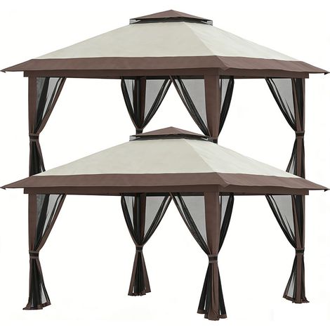 2er-Set  faltpavillon 4x4m Gartenpavillon höhenverstellbar mit UV-Schutz & Netzvorhängen, Doppeldach in Beige für Gartenpartys