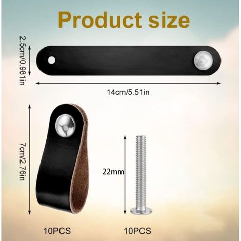 Juego de 10 tiradores de cuero para muebles, tiradores de repuesto para maletas con tornillos, adecuados para cocina, dormitorio, armario, sala de estar. (1/3)