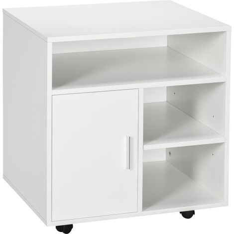 Support d'imprimante organiseur bureau caisson placard porte 3 niches + grand plateau panneaux particules blanc