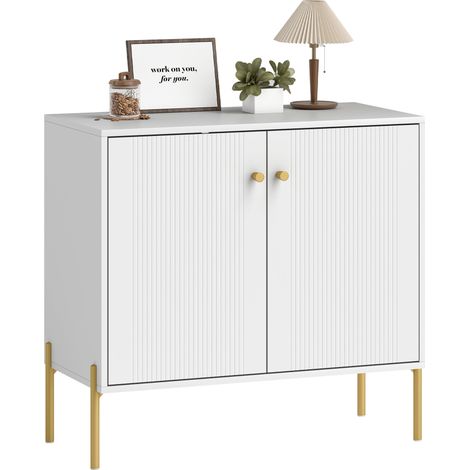 Credenza da soggiorno, mobile contenitore con doppie ante scanalate, ripiano regolabile, gambe in acciaio, 80 x 39,1 x 76 cm, bianco