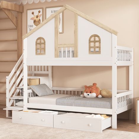 Lit superposé enfant 90x200 cm, lit cabane avec escalier de rangement, 2 tiroirs, fenêtre et barrière de sécurité, en bois de pin et MDF, Blanc (1/5)