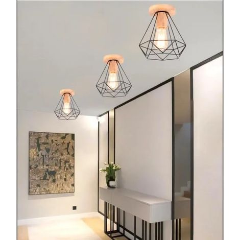 Lot de 3 Plafonnier Industriel Couloir Noir E27 Lustre Plafonnier Vintage en Cage Fer designe Simple Deco Style Edison pour (1/4)