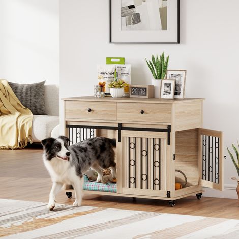 Jaula para Perros Medianos y Grandes Mesa Auxiliar Moderna con 2 Cajones 2 Puertas y Cierre 100x56x81 cm Roble (1/5)
