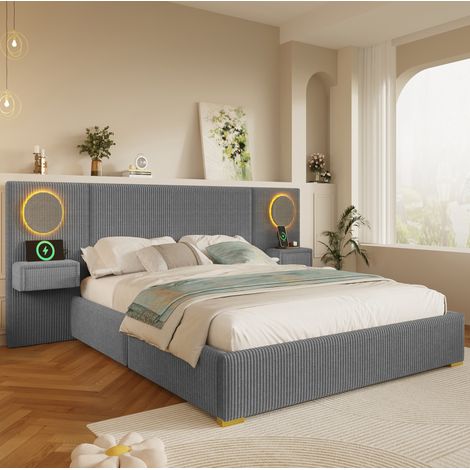 Lit 180x200 cm en velours gris avec tête de lit LED, ports USB et tiroirs HAVRYA (1/5)
