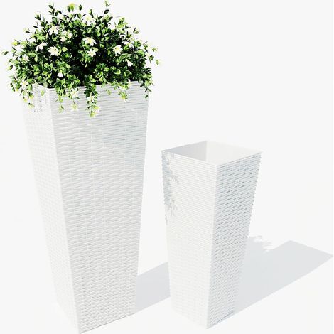 lot de 2 grands pots rectangulaires résine rotin bac amovible trous drainage arbres fleurs terrasse blanc intérieur extérieur (1/5)