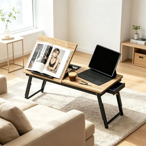 Table de Lit Pliante et Inclinable pour Ordinateur Portable - Support Laptop Réglable en Hauteur avec Tiroir - Plateau Multifonction (1/5)